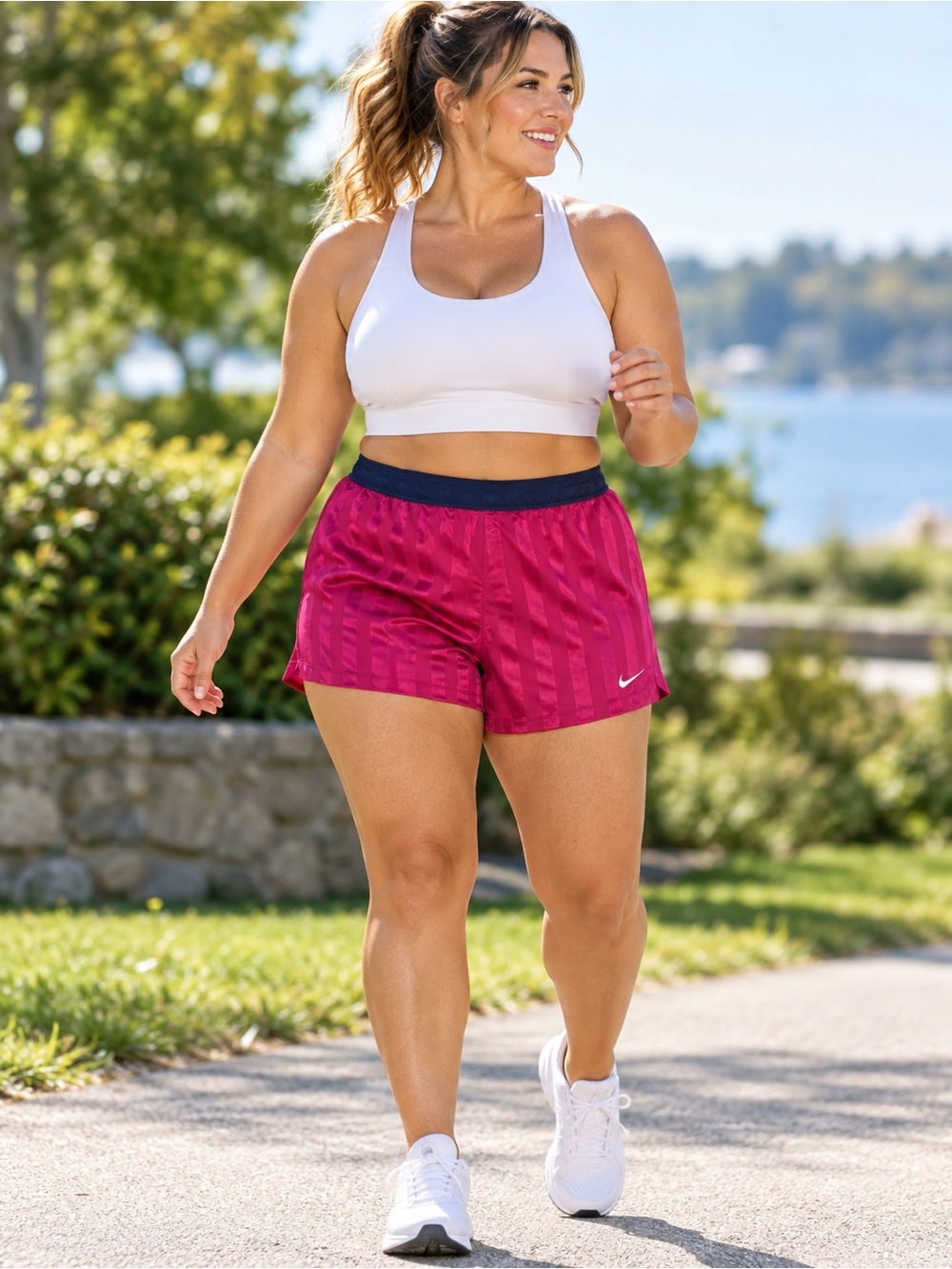 Nike Women's Magenta Athletic Shorts with Navy Waistband